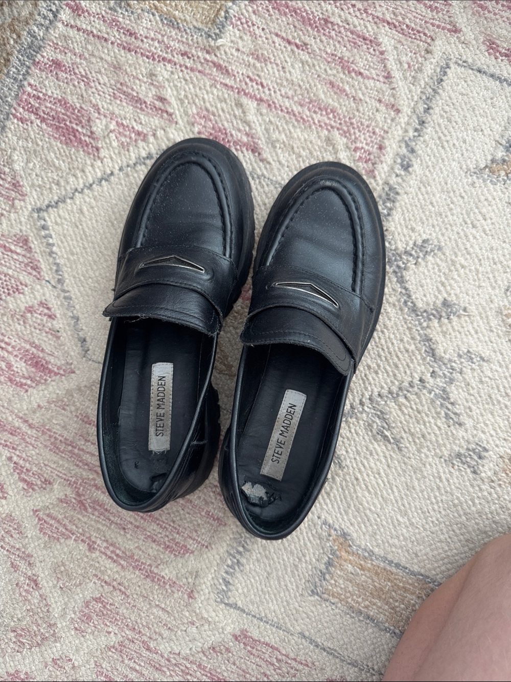Steve Madden Black Leather Penny Loafers with Silver Accent